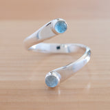 Front view of the Blue Topaz and Sterling Silver Adjustable Ring with Two Stones