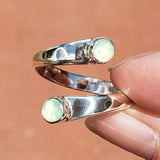 Hand of Woman Holding Chrysoprase and Sterling Silver Adjustable Ring with Two Stones