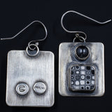 Circles and Squares Dangle Earrings - Sterling Silver, Polymer Clay, and Hematite