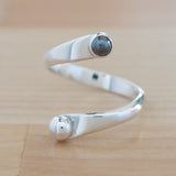 Front view of the Hematite and Sterling Silver Adjustable Ring with One Stone and One Granule