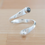 Side view of the Hematite and Sterling Silver Adjustable Ring with One Stone and One Granule