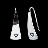 Front and Side Views of Triangle-Shaped Dangle Earrings in Sterling Silver Stamped with a Solid Heart
