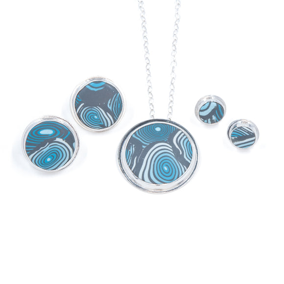 Ripples in Turquoise Set #1 - sterling silver and polymer clay medium and small sized post earrings and pendant necklace