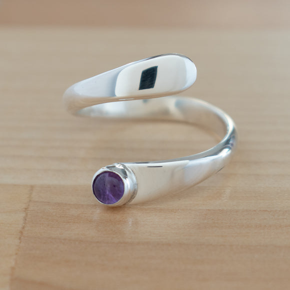 Front view of the Amethyst and Sterling Silver Adjustable Ring with One Stone