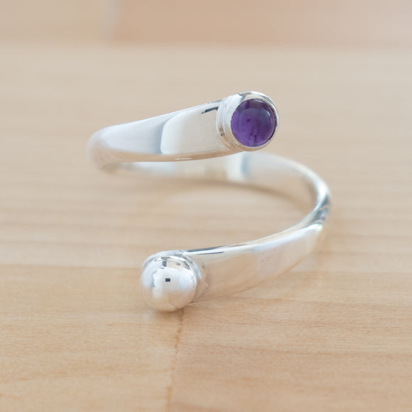 Front view of the Amethyst and Sterling Silver Adjustable Ring with One Stone and One Granule