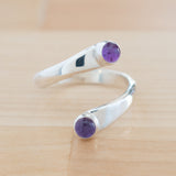 Front view of the Amethyst and Sterling Silver Adjustable Ring with Two Stones