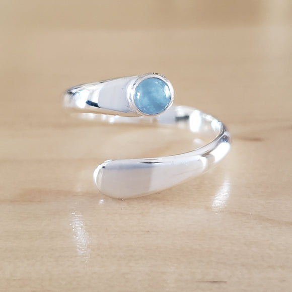 Front View of Aquamarine and Sterling Silver Adjustable Ring with One Stone