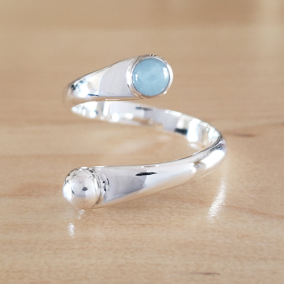 Front View of Aquamarine and Sterling Silver Adjustable Ring with One Stone and One Granule