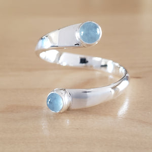 Front View of Aquamarine and Sterling Silver Adjustable Ring with Two Stones