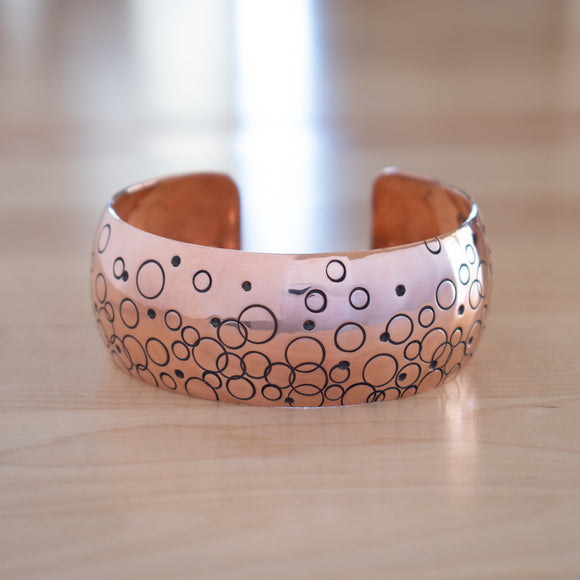 Front View of the Cuff Bracelet in Copper from the Bubbles Collection