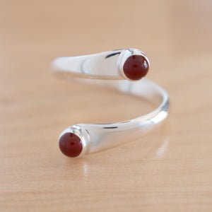 Front view of the Carnelian and Sterling Silver Adjustable Ring with Two Stones