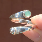 Hand of Woman Holding Chrysoprase and Sterling Silver Adjustable Ring with One Stone and One Granule