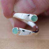 Hand of Woman Holding Chrysoprase and Sterling Silver Adjustable Ring with Two Stones