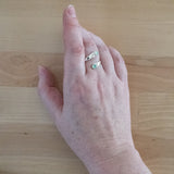 Hand of Woman Wearing Chrysoprase and Sterling Silver Adjustable Ring with Two Stones