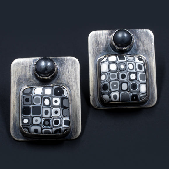 Circles and Squares Post Earrings - Sterling Silver, Polymer Clay, and Hematite