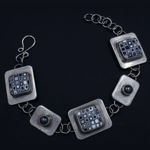 Circles and Squares Bracelet - Sterling Silver, Polymer Clay, and Hematite