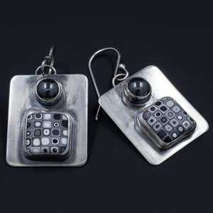 Circles and Squares Dangle Earrings - Sterling Silver, Polymer Clay, and Hematite