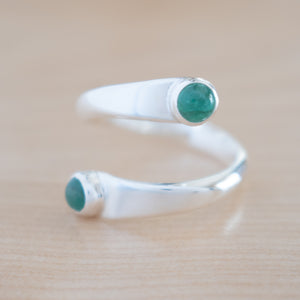 Front View of the Emerald and Sterling Silver Adjustable Ring with Two Stones