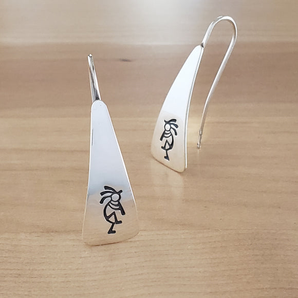 Front Views of Triangle-Shaped Dangle Earrings in Sterling Silver Stamped with Kokopelli