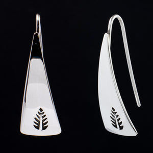 Front and side views of triangle-shaped sterling silver dangle earrings stamped with leaves from Capulin Creations