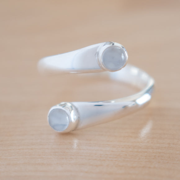Front view of the Moonstone and Sterling Silver Adjustable Ring with Two Stones