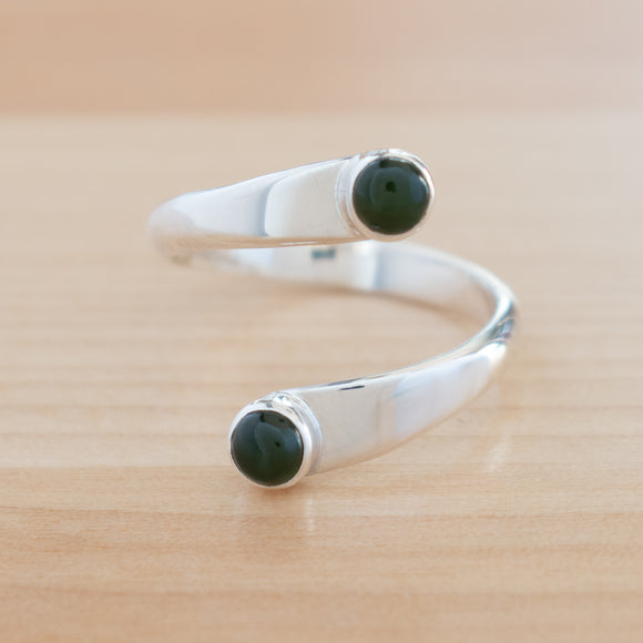 Front view of the Nephrite Jade and Sterling Silver Adjustable Ring with Two Stones