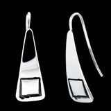 Front and side views of triangle-shaped sterling silver dangle earrings stamped with the outline of the state of New Mexico from Capulin Creations