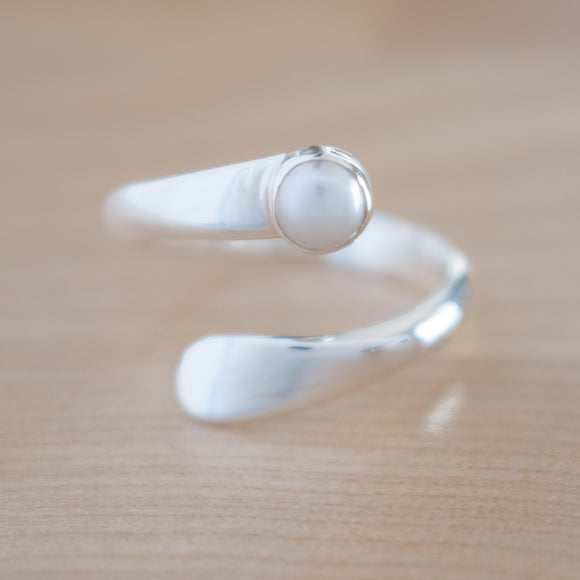 Front View of Pearl and Sterling Silver Adjustable Ring with One Stone