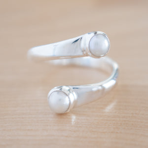 Front View of Pearl and Sterling Silver Adjustable Ring with Two Stones