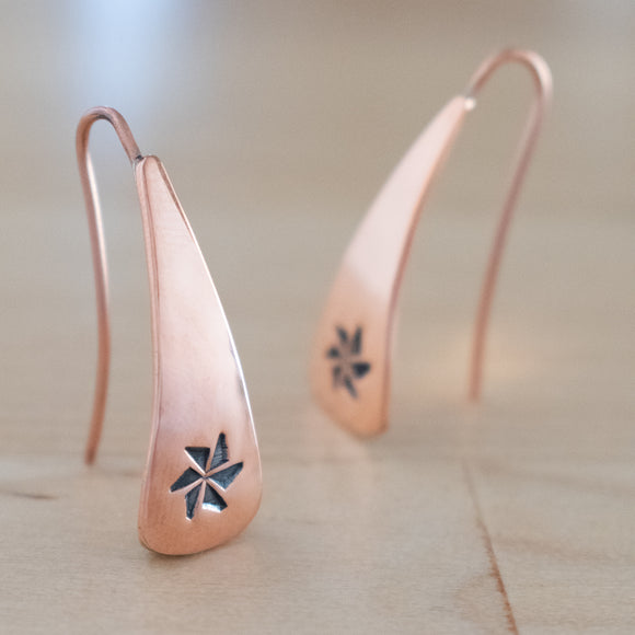 Front Views of Triangle-Shaped Dangle Earrings in Copper Stamped with Pinwheels