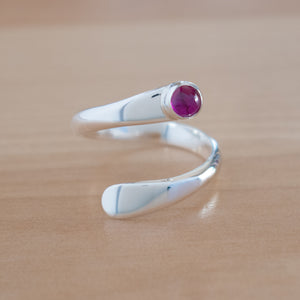 Front view of the Ruby and Sterling Silver Adjustable Ring with One Stone