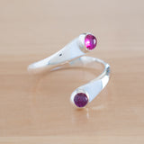 Front view of the Ruby and Sterling Silver Adjustable Ring with Two Stones