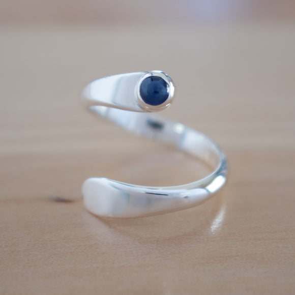 Front View of the Sapphire and Sterling Silver Adjustable Ring with One Stone