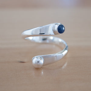 Front view of the Sapphire and Sterling Silver Adjustable Ring with One Stone and One Granule