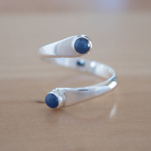 Front view of the Sapphire and Sterling Silver Adjustable Ring with Two Stones