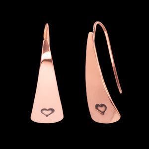 Front and Side Views of Triangle-Shaped Dangle Earrings in Copper Stamped with a Solid Heart