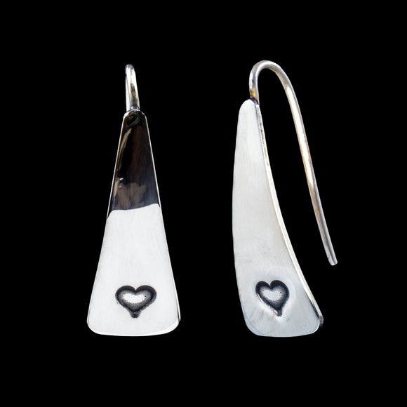 Front and Side Views of Triangle-Shaped Dangle Earrings in Sterling Silver Stamped with a Solid Heart