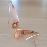 Front and Back Views of Triangle-Shaped Dangle Earrings in Copper Stamped with Sprouts