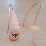 Front and Side Views of Triangle-Shaped Dangle Earrings in Copper Stamped with Sprouts