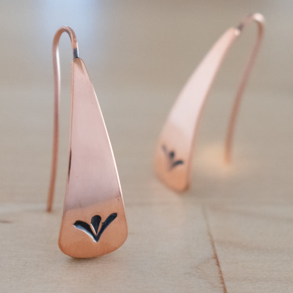 Front Views of Triangle-Shaped Dangle Earrings in Copper Stamped with Sprouts
