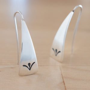 Front Views of Triangle-Shaped Dangle Earrings in Sterling Silver Stamped with Sprouts