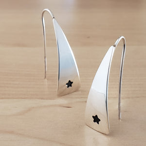 Front views of Triangle-Shaped Dangle Earrings in Sterling Silver stamped with stars