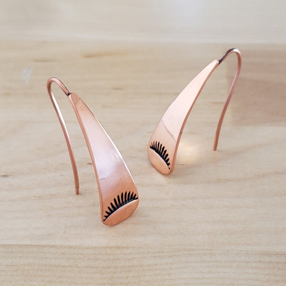Front Views of Triangle-Shaped Dangle Earrings in Copper Stamped with Sunrays