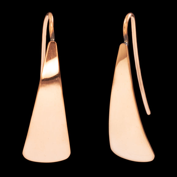 Front and side views of triangle-shaped dangle earrings in copper from Capulin Creations