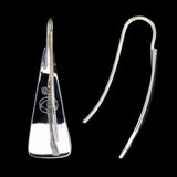 Back and side views of triangle-shaped sterling silver earrings stamped with Zia sun symbols from Capulin Creations
