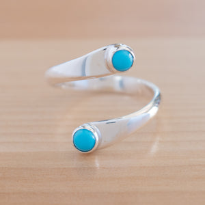 Front view of the Turquoise and Sterling Silver Adjustable Ring with Two Stones