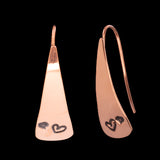 Front and Side Views of Triangle-Shaped Dangle Earrings in Copper Stamped with Two Hearts