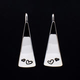Front View of Triangle-Shaped Dangle Earrings in Sterling Silver Stamped with Two Hearts