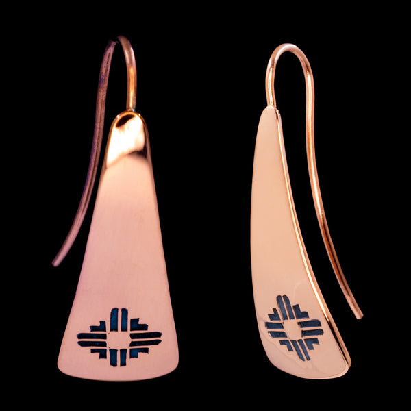 Triangle-Shaped Dangle Earrings in Copper Stamped with Zia Sun